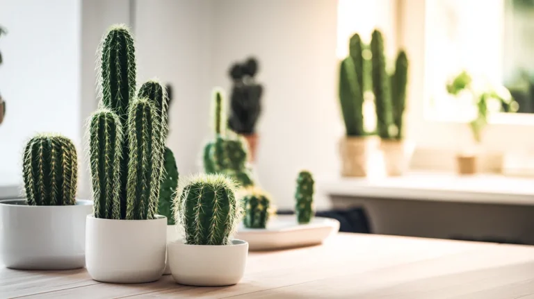 Cactos ornamentais decorando sala de estar com vasos modernos e luz natural