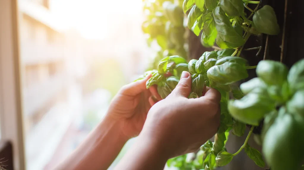 Colheita de manjericão fresco em horta vertical de apartamento
