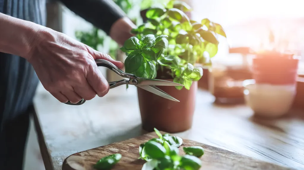 Poda correta de manjericão cultivado em apartamento pequeno.
