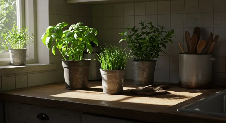 Temperos cultivados em vasos na cozinha de apartamento pequeno com luz natural.