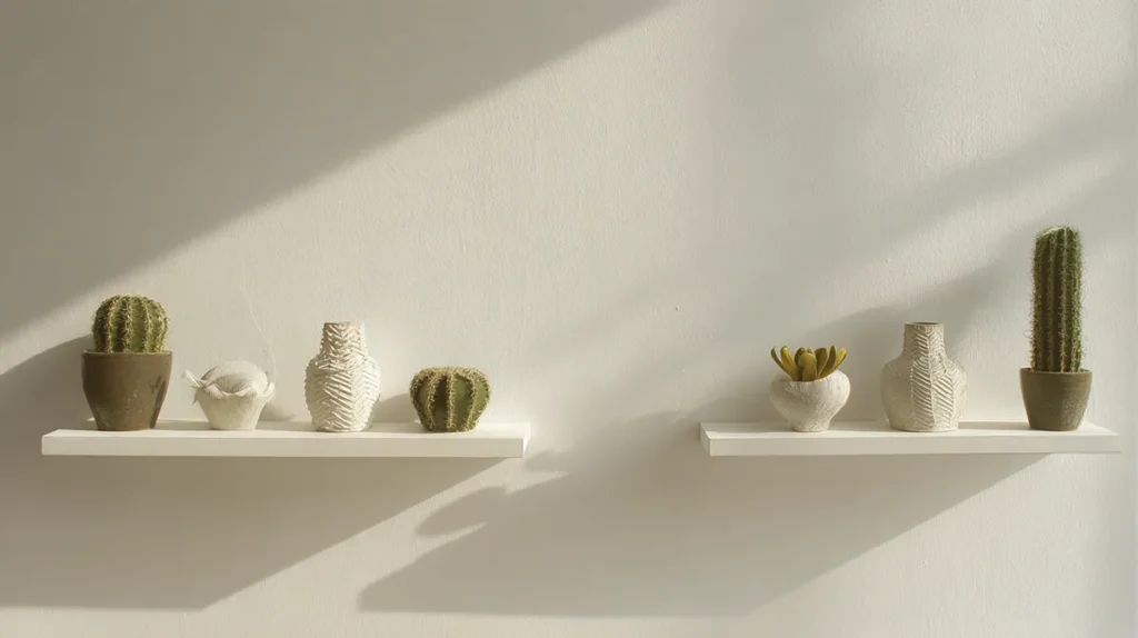 Decoração minimalista com cactos ornamentais em prateleiras e mesas