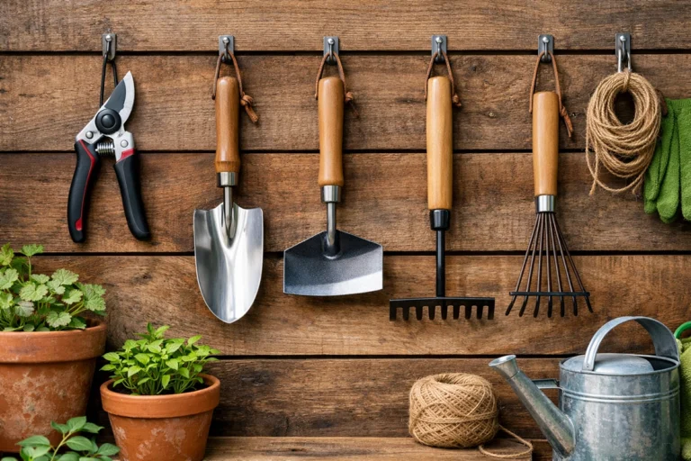 Ferramentas de jardim organizadas e bem cuidadas penduradas em parede de madeira, mostrando limpeza e manutenção correta.