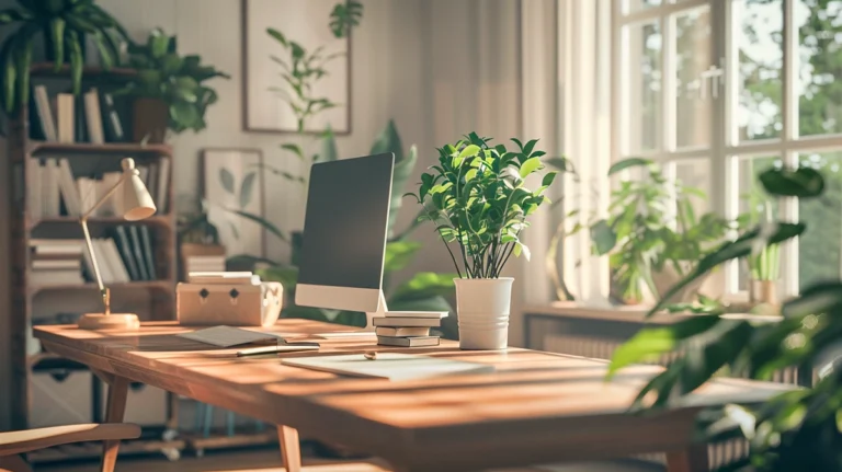 Plantas para escritório em home office moderno com luz natural, criando um ambiente de trabalho elegante, calmo e produtivo