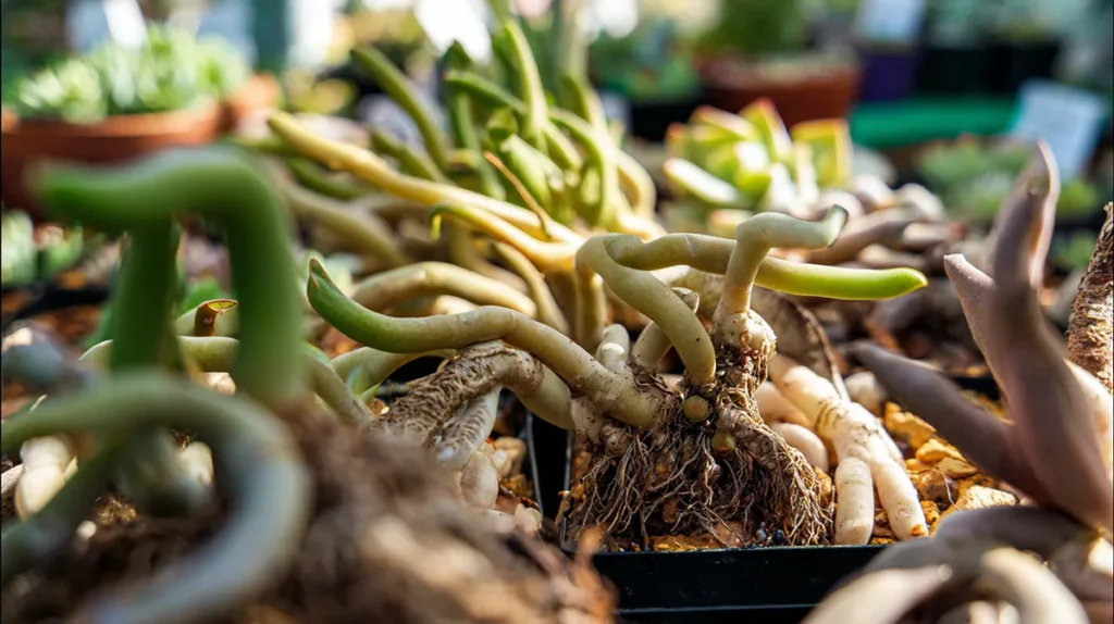 Detalhe de suculentas raras saudáveis em viveiro com substrato mineral