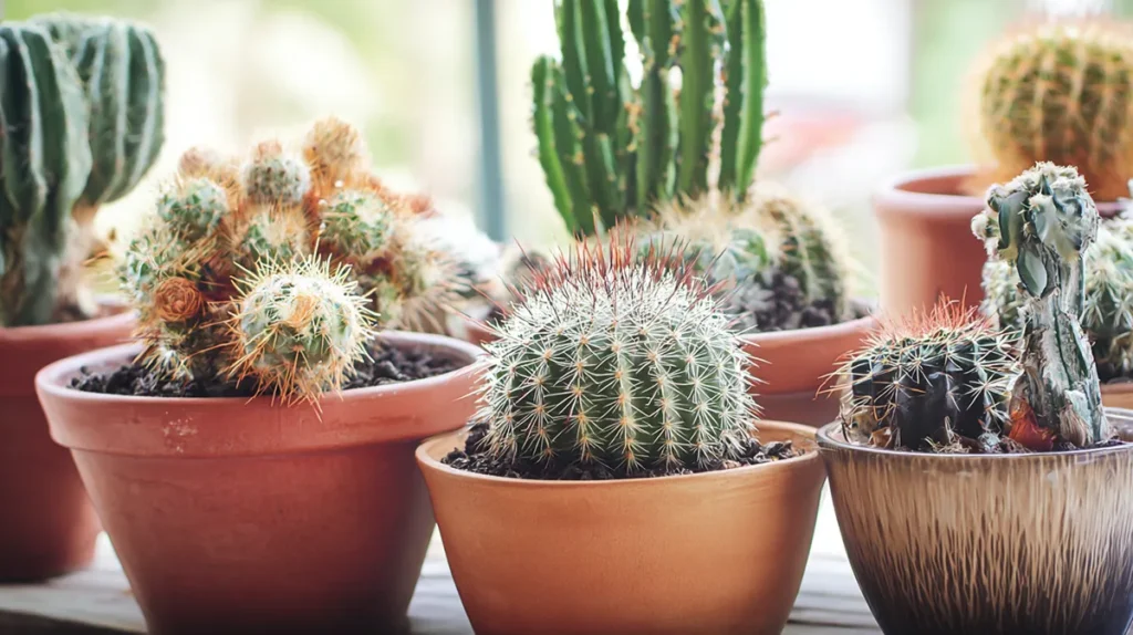 Tipos de cactos ornamentais em vasos decorativos, mostrando formas globosas, colunares e pendentes