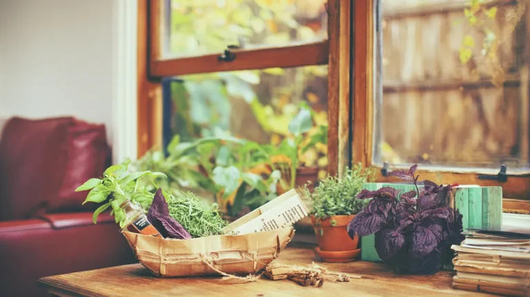 Sala iluminada naturalmente com plantas e ervas usadas para aromatização natural da casa