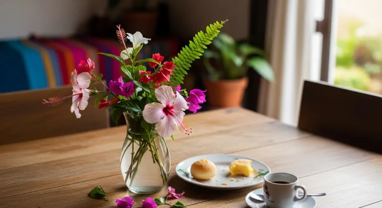 Arranjo de flores simples e bonito feito em casa sobre mesa de jantar com luz natural