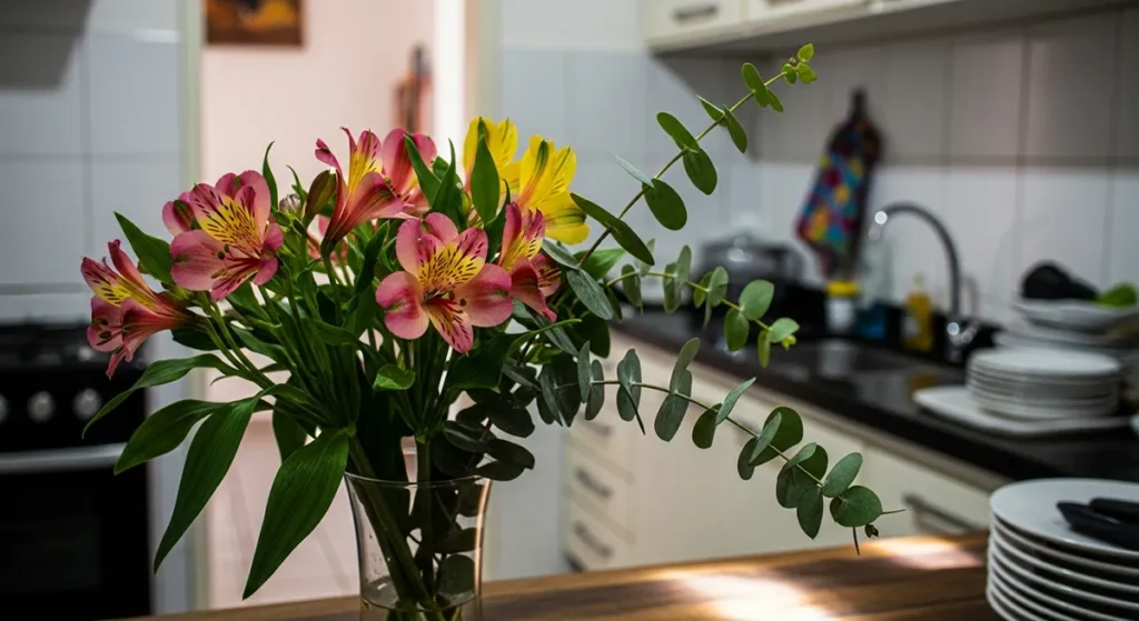 Arranjo simples com astromélia e eucalipto em ambiente doméstico