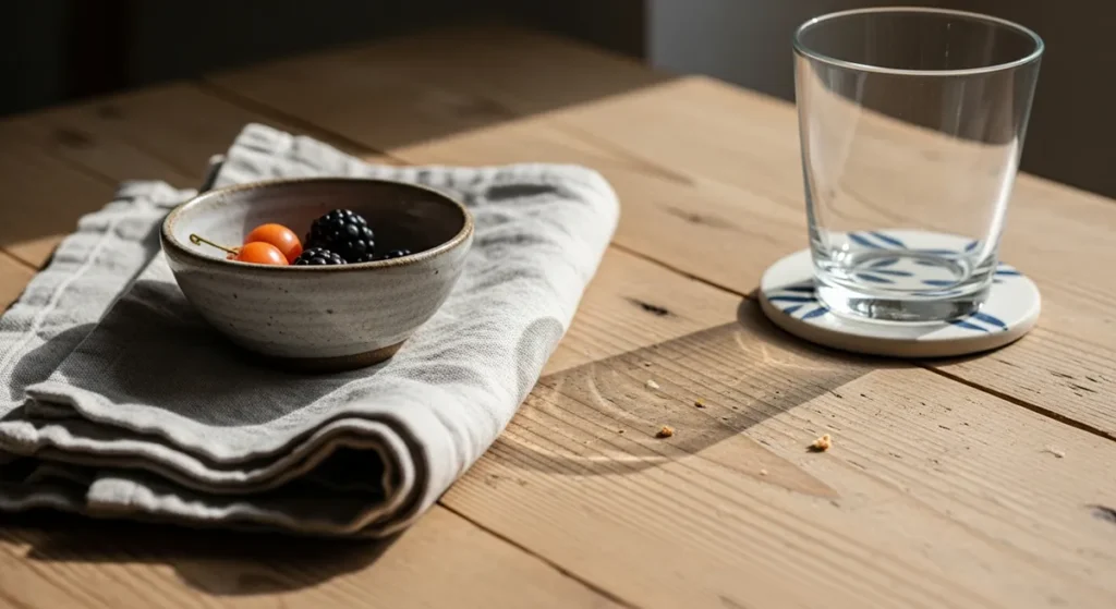 Bastidores reais da decoração de mesa com elementos naturais e imperfeições