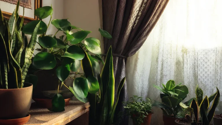 Cantinho verde dentro de casa com plantas de interior próximas à janela, criando ambiente aconchegante e natural.