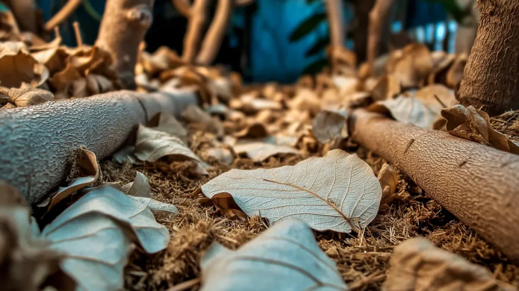 Cobertura morta com folhas secas protegendo o solo e as raízes das plantas