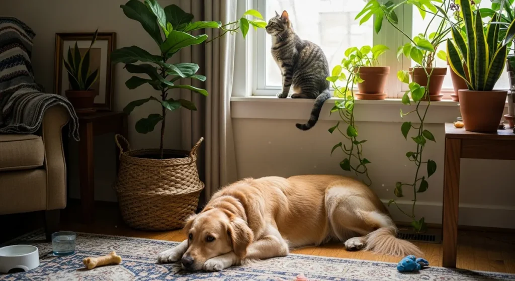 Cães e gatos convivendo com plantas seguras dentro de casa