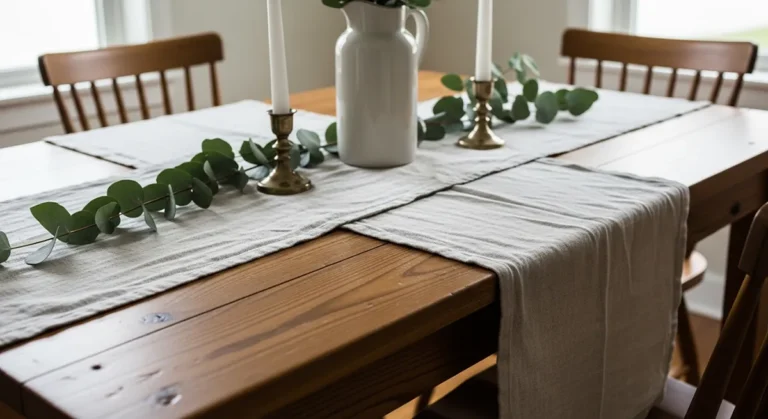 Decoração de mesa com elementos naturais usando madeira, linho e folhagens em ambiente doméstico