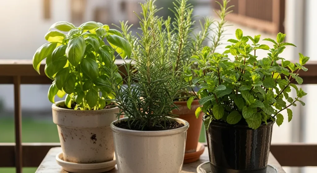 Vasos de manjericão, alecrim e hortelã cultivados em varanda de apartamento