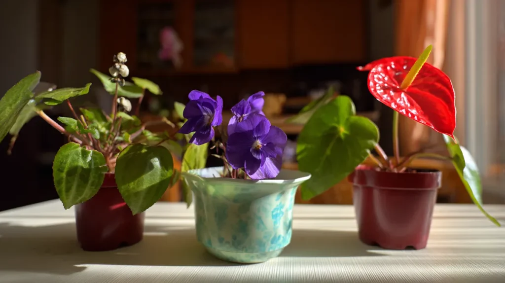 Diferentes espécies de flores em vasos dentro de apartamento