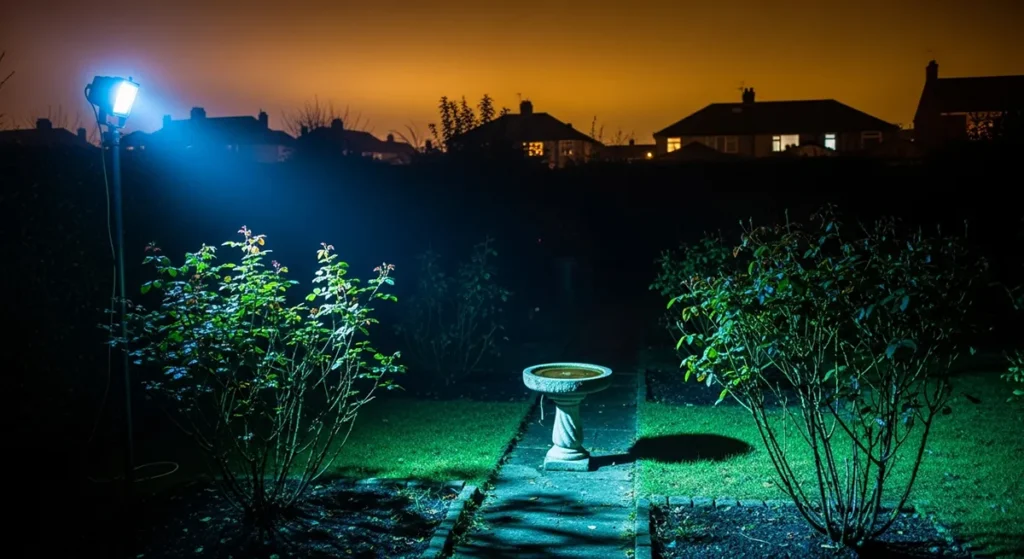 Exemplo de jardim com iluminação excessiva causando poluição luminosa