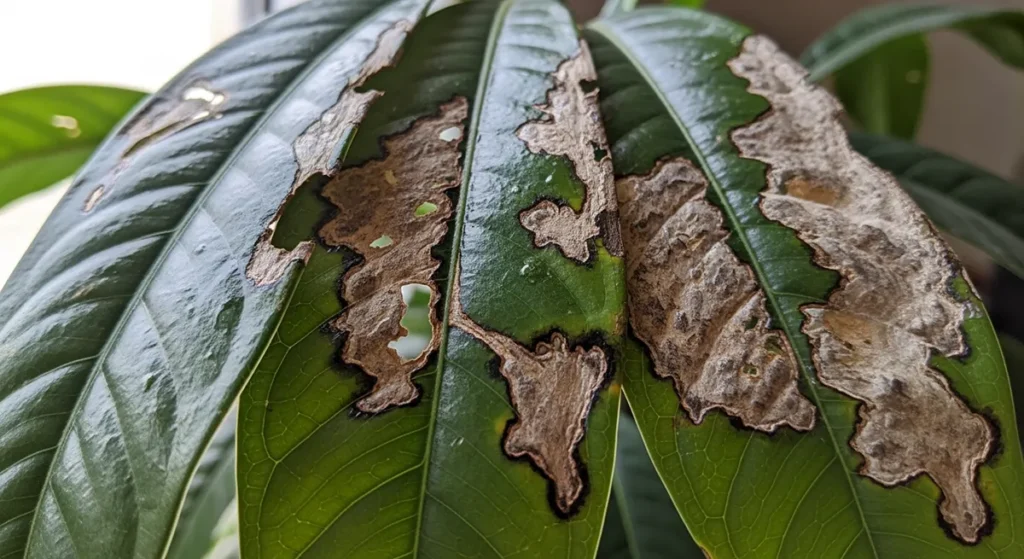 Folhas de planta com danos causados por limpeza excessiva
