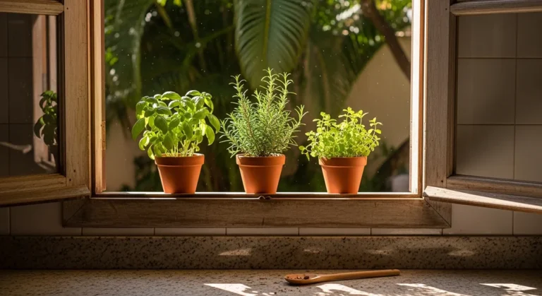 Horta caseira com ervas aromáticas em vasos na janela da cozinha, com luz natural