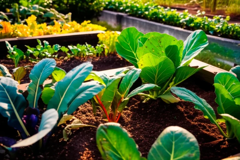 Horta caseira brasileira com legumes e verduras de diferentes estações crescendo de forma natural sob luz matinal no quintal de uma casa urbana