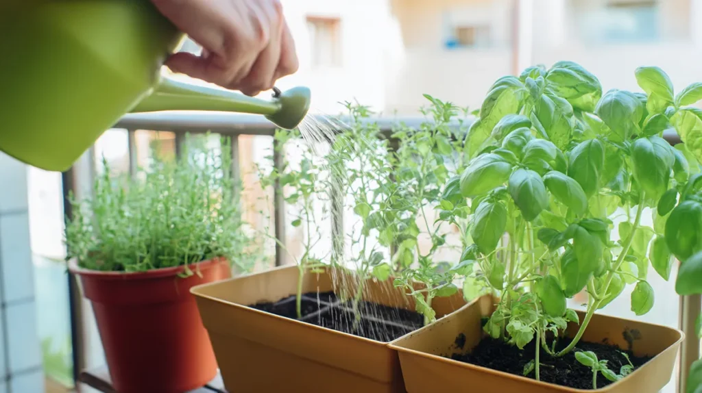 Plantio de temperos em vasos pequenos com substrato adequado para mini-horta