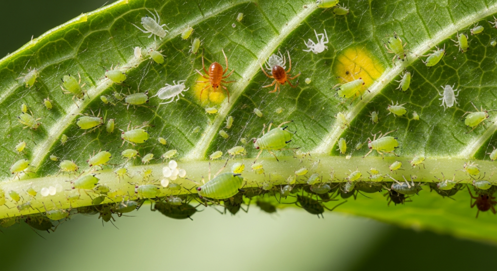 Detalhe de pulgões e ácaros em folhas observado de perto