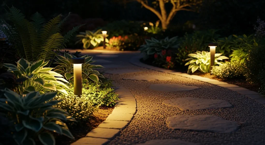 Iluminação de caminho no jardim com balizadores baixos e luz quente