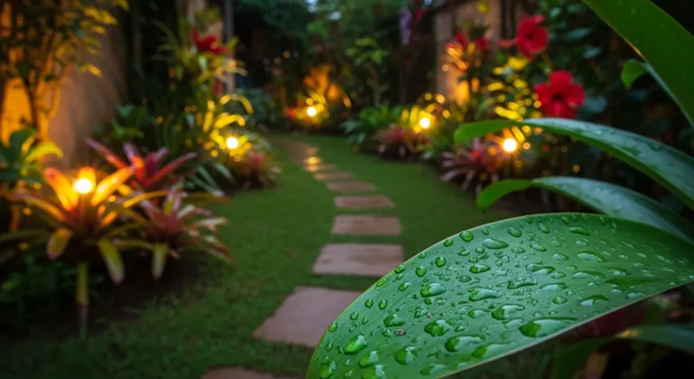 Jardim residencial iluminado à noite com luz quente destacando plantas e caminhos