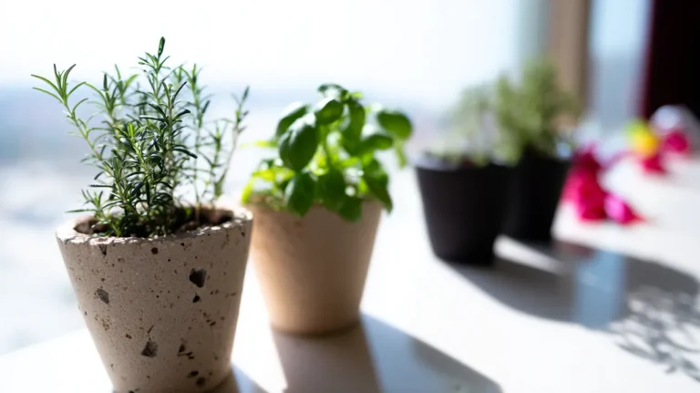 Jardim de ervas em casa com manjericão, alecrim e hortelã em vasos simples