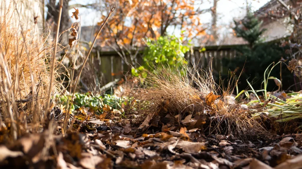 Jardim em período de descanso no inverno, mostrando ciclos naturais das plantas