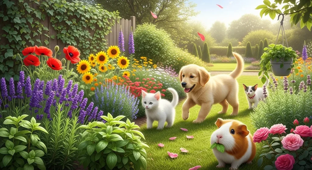 Jardim externo com pets felizes brincando e ervas comestíveis.