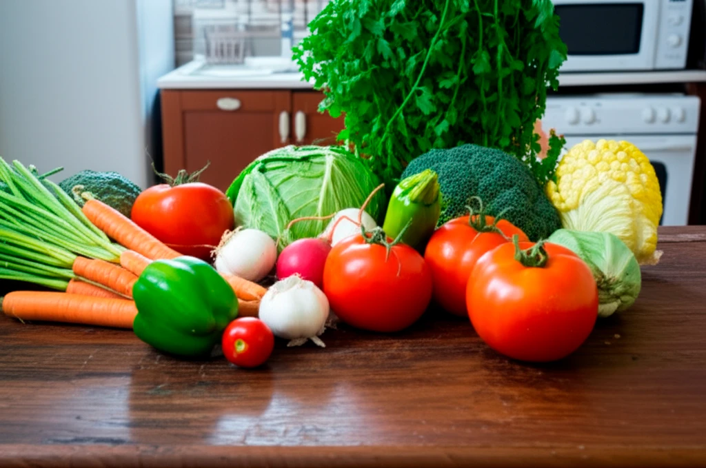 Mesa rústica com legumes e verduras recém-colhidos de uma horta sazonal caseira, iluminada por luz natural, cenário doméstico brasileiro