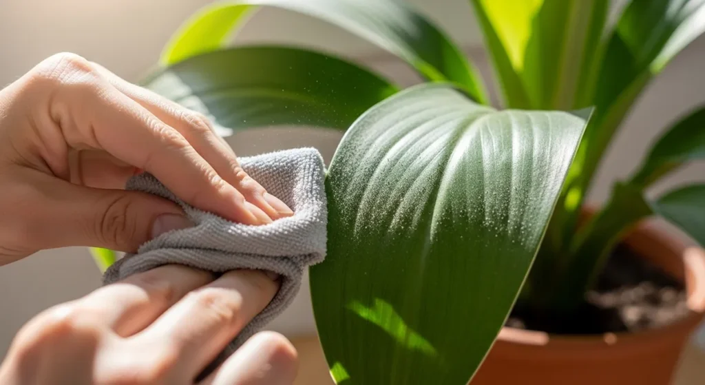 Detalhe da limpeza correta das folhas removendo poeira acumulada