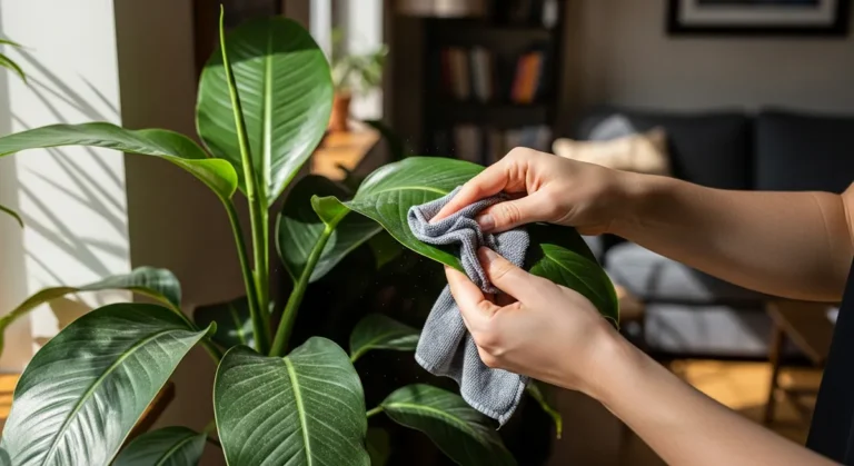 Pessoa limpando folhas de planta de interior com pano úmido em ambiente doméstico