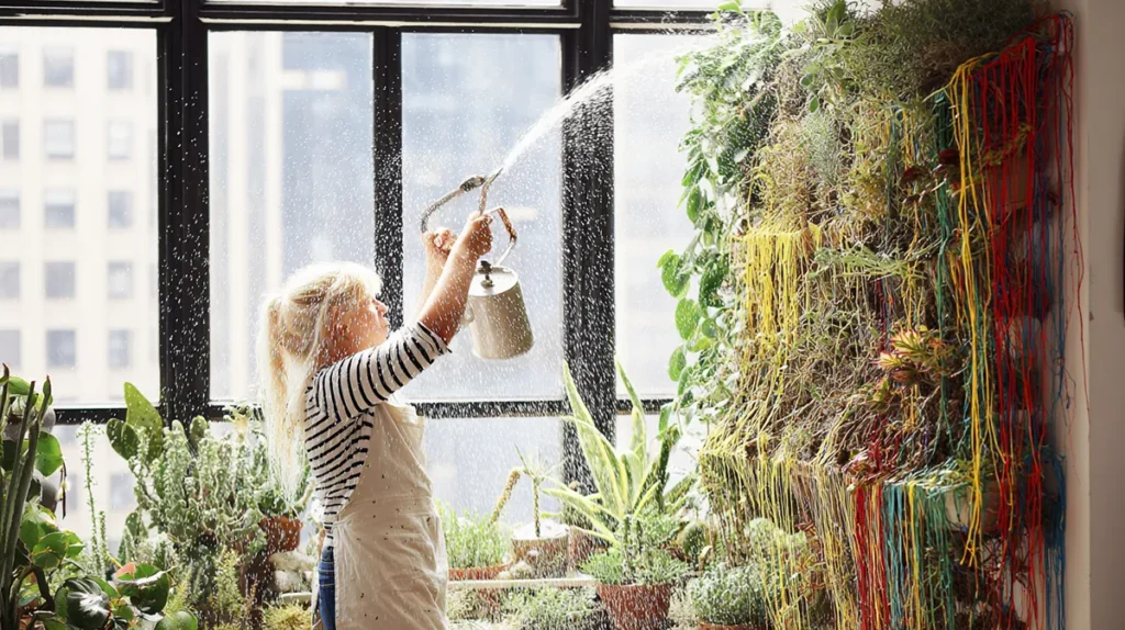 Manutenção de jardim vertical interno com rega manual