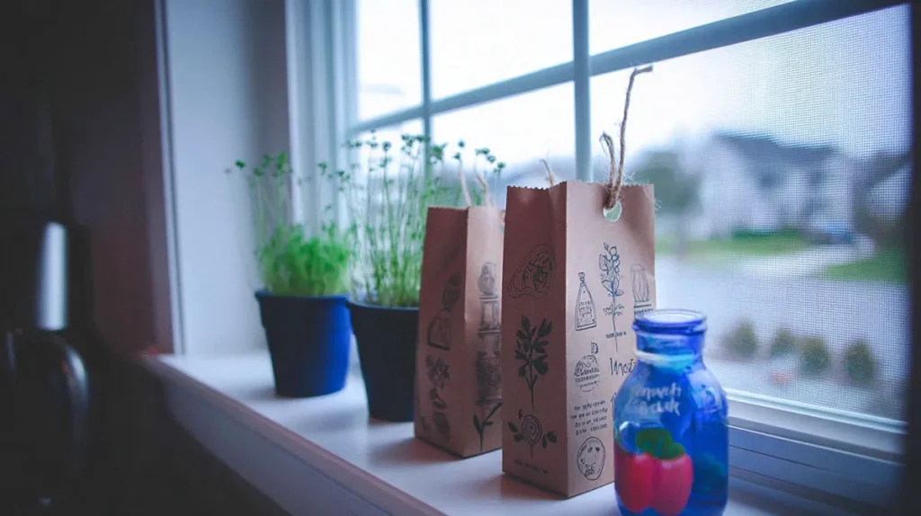 Mini horta em vasos pequenos na janela da cozinha como ideia de presente sustentável