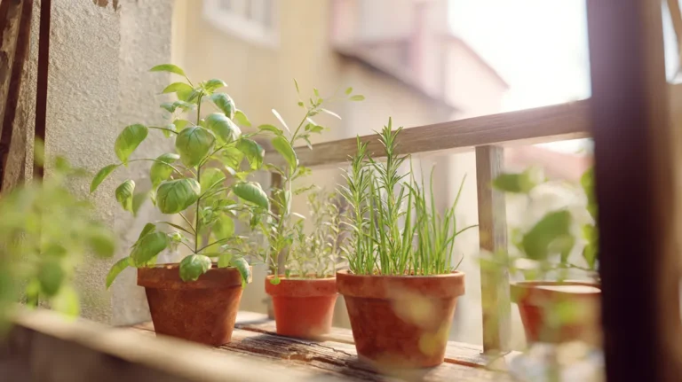 Mini-horta de temperos em varanda de apartamento com vasos de manjericão, alecrim e cebolinha