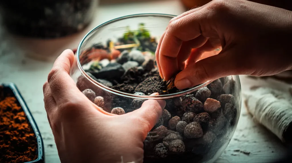 Montagem de terrário mostrando camadas de drenagem, carvão e substrato