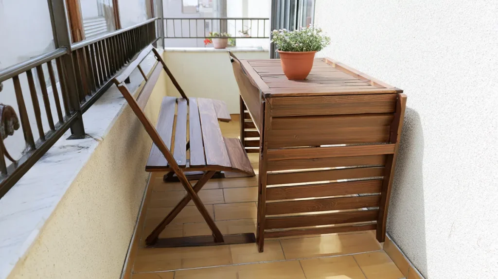 Móveis dobráveis e banco com armazenamento em varanda pequena