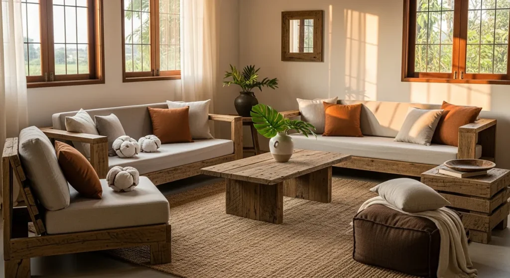 Móveis de madeira reaproveitada e fibras naturais em ambiente doméstico sustentável