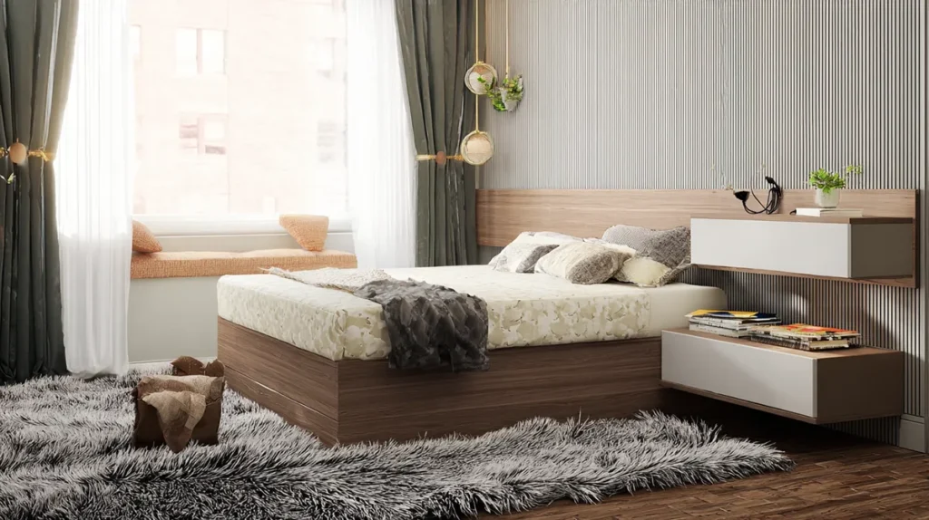 Móveis multifuncionais em quarto pequeno otimizando espaço