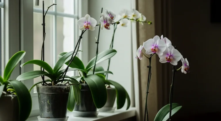 Orquídeas cultivadas em casa próximas à janela com luz natural indireta