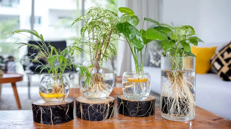 Plantas cultivadas na água em recipientes de vidro com raízes visíveis em ambiente interno