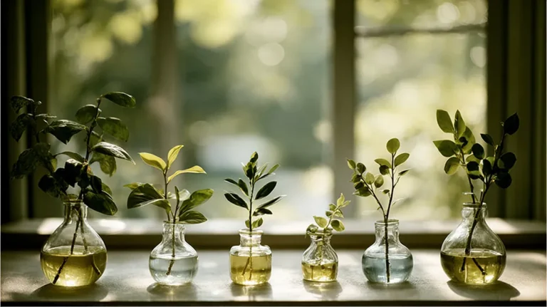 Plantas cultivadas em água em potes de vidro sobre o parapeito da janela, com luz natural