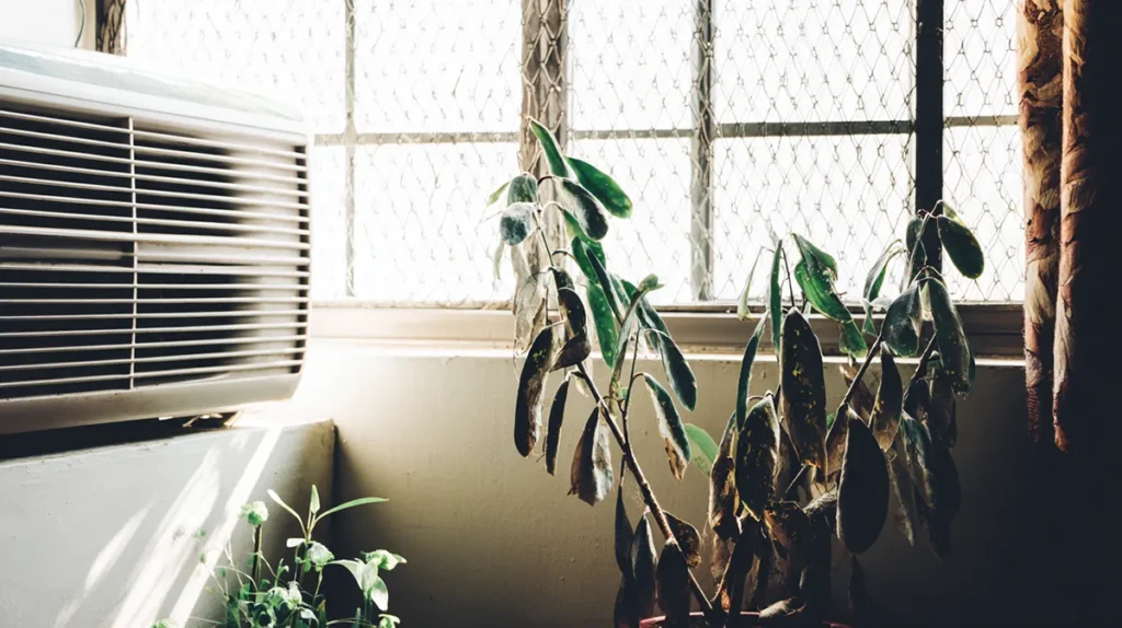 Plantas de interior sofrendo com ar seco e ar-condicionado em apartamento
