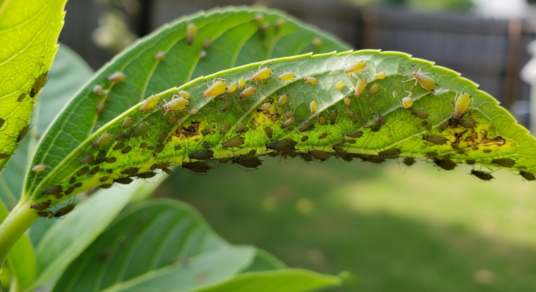 Pragas em plantas visíveis em folha de jardim caseiro sob luz natural