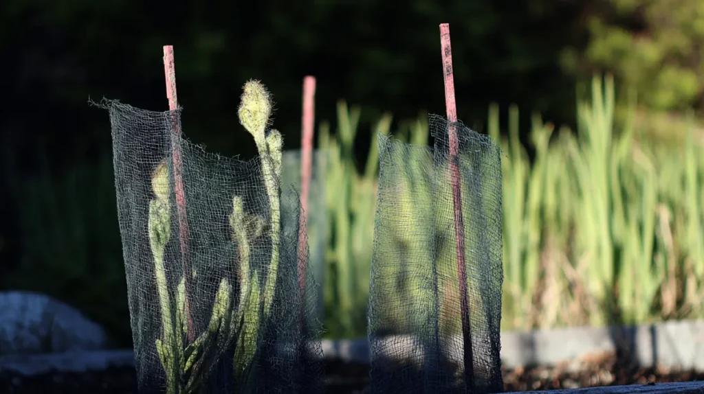 Plantas protegidas do vento frio com barreiras simples no jardim
