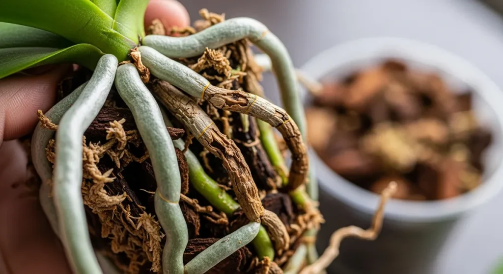 Raízes de orquídea durante replantio mostrando erros e acertos