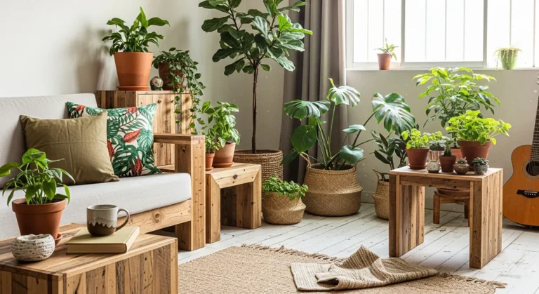 Sala de estar com decoração sustentável, móveis de madeira reaproveitada e plantas naturais