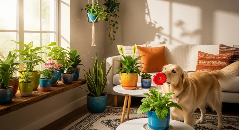 Sala de estar acolhedora com plantas vibrantes e um cachorro curioso.