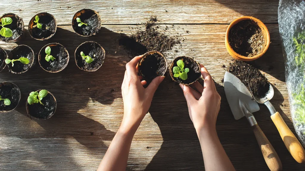 Plantio de temperos em vasos pequenos com substrato adequado para mini-horta
